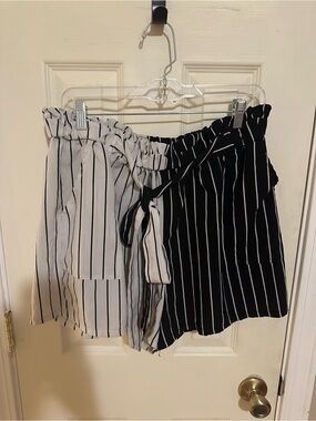 SHEIN Black and White High Waist Striped Paperbag Shorts